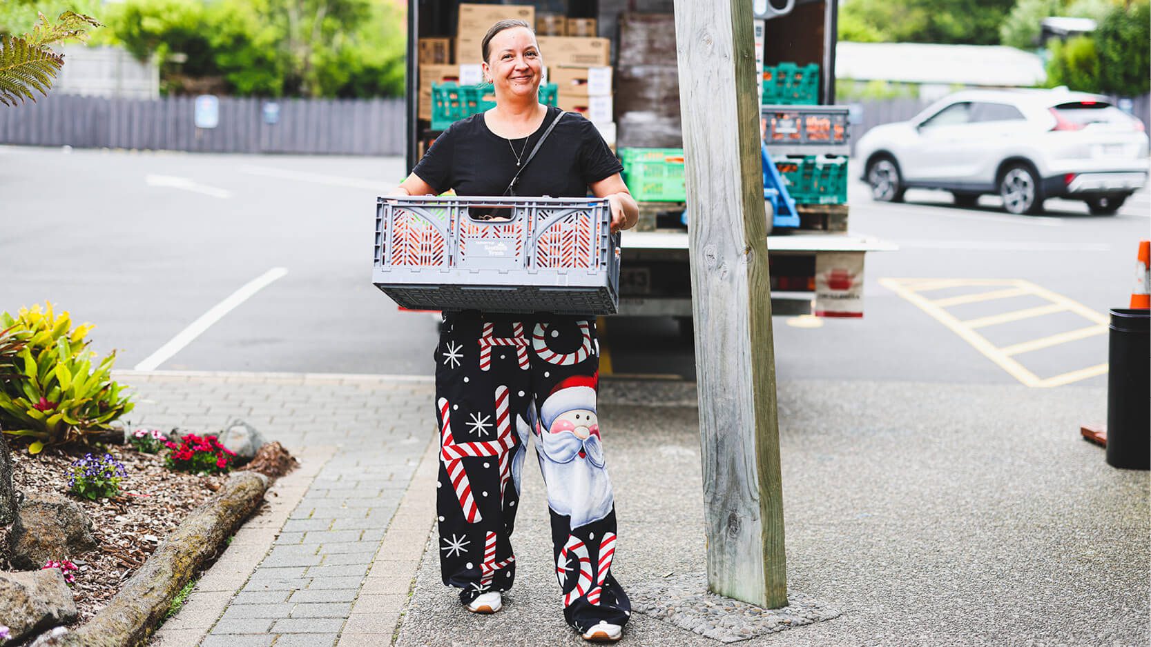 Two people standing in supermarket